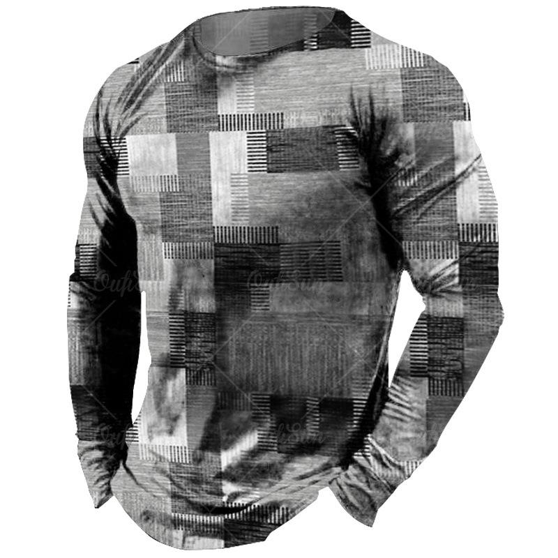 Round Neck 3D Irregular Color Matching Printed Top Fashionable Casual Long Sleeved Men's T-shirts