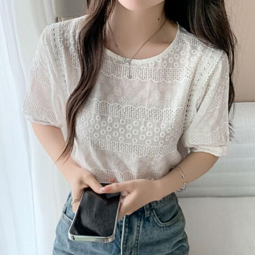 Navava Women Lovely Embroidery Lace Round Neck Long Sleeve Blouse Nb3099