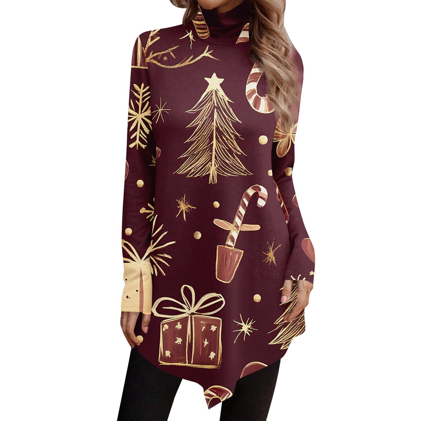 Повседневная мода Рождественский принт Рубашка Топы Высокий ворот Неровный подол Длинный — фото 11