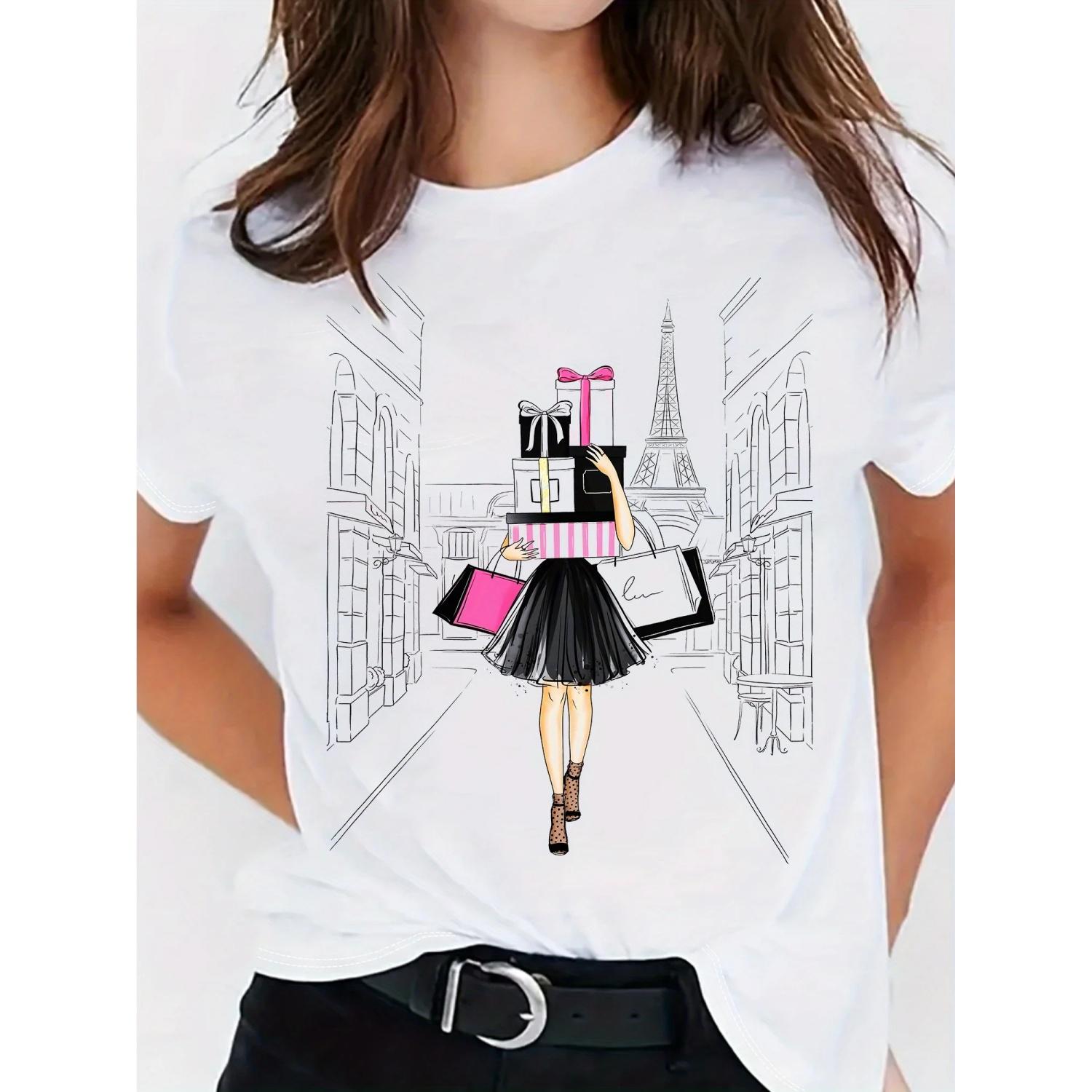 

Women S Chic Paris Shopping Scene Pattern T-shirt-Soft Stretchable Machine Washable Casual round Neck Short Sleeves Tops-Ideal XXXXXL білий