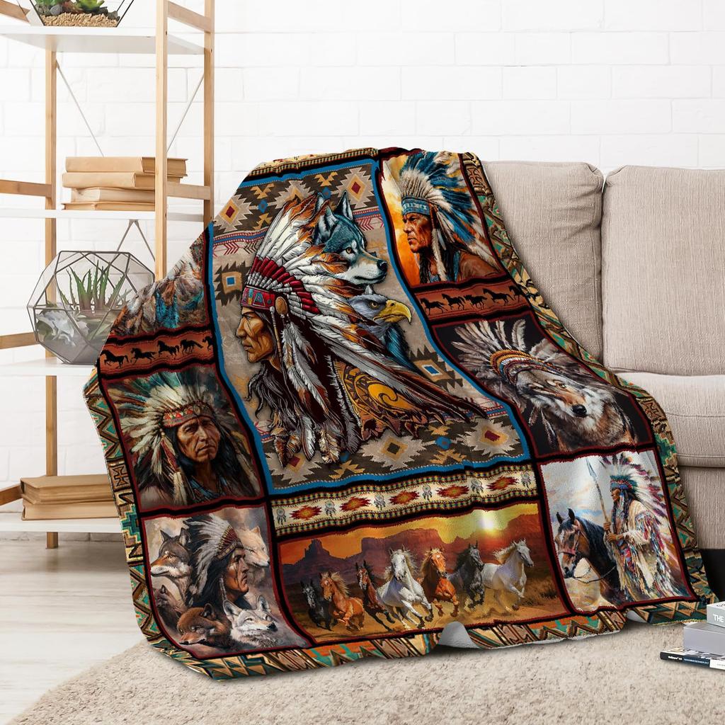 Indigenous American patterns digital-printed polyester Bedroom velvet flannel cover blanket Fleece soft cover blankets for beds