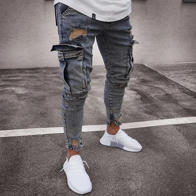 Stretch Herrenjeans Mode Knie zerrissen Reißverschluss Skinny Hose Denimhose Hohe Taille Seitentaschen
