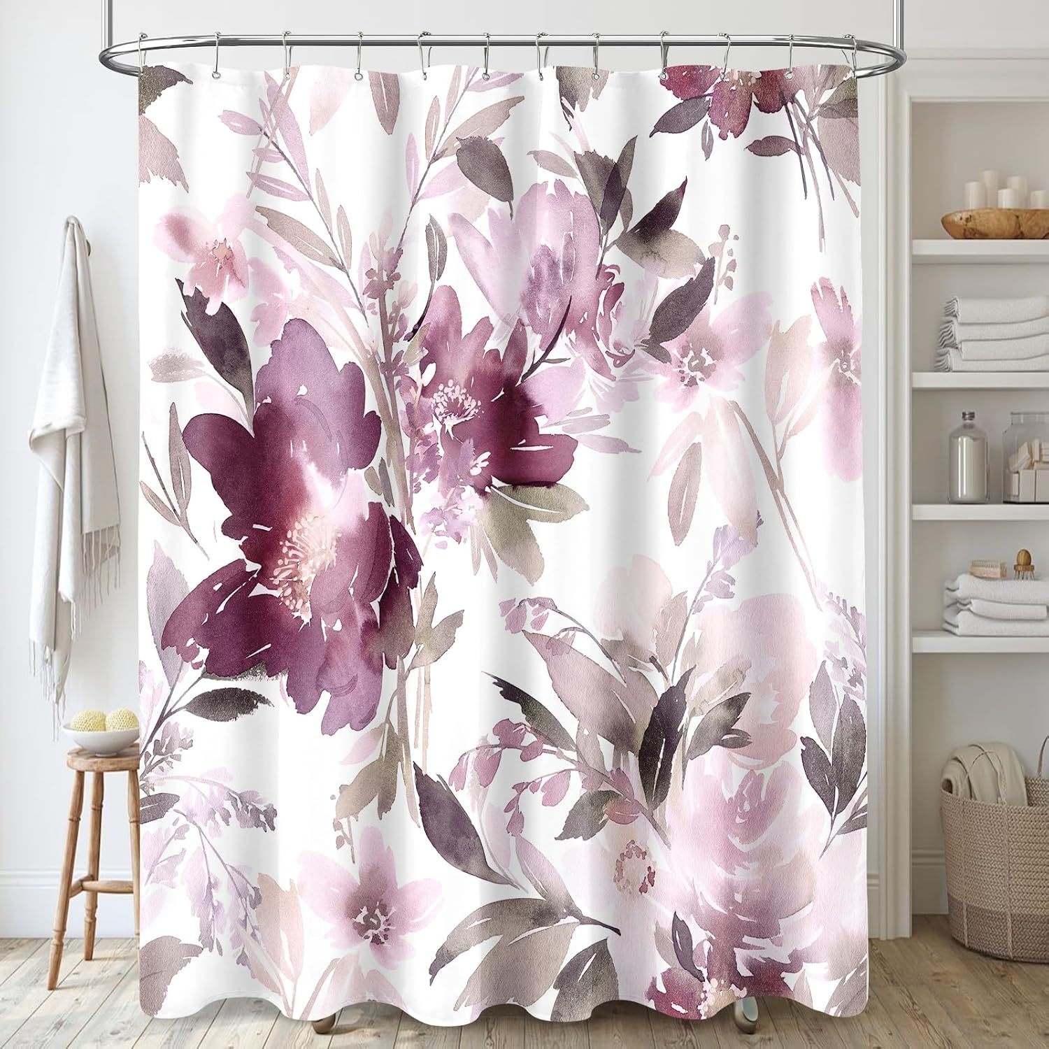Exquisite Fashion Items Mauve Floral Shower Curtain, Watercolor Flower Shower Curtain For Bathroom, Modern Abstract Ink Decorative Fabric Shower Curtain