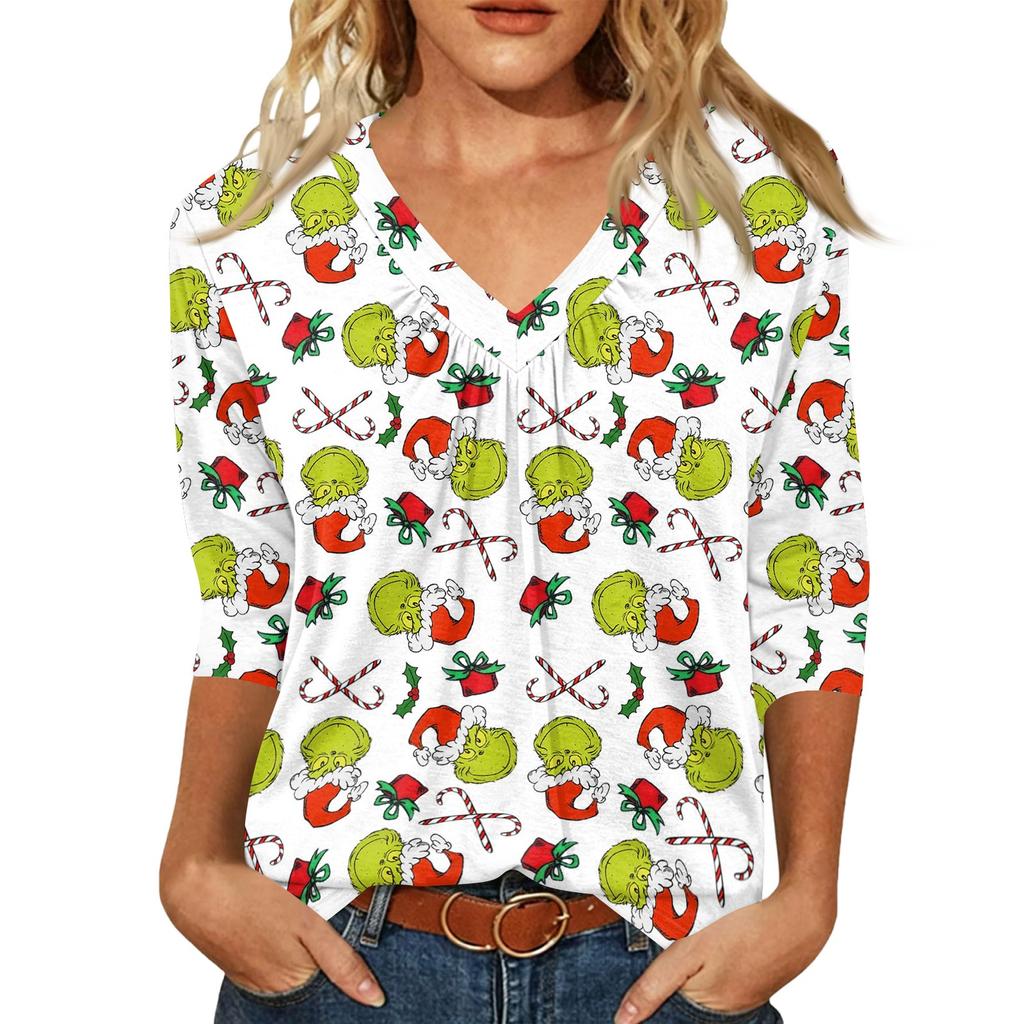 Women's Fashion Casual V-Neck Christmas Print 3/4 Sleeve Top for Holiday Party and Daily Wear