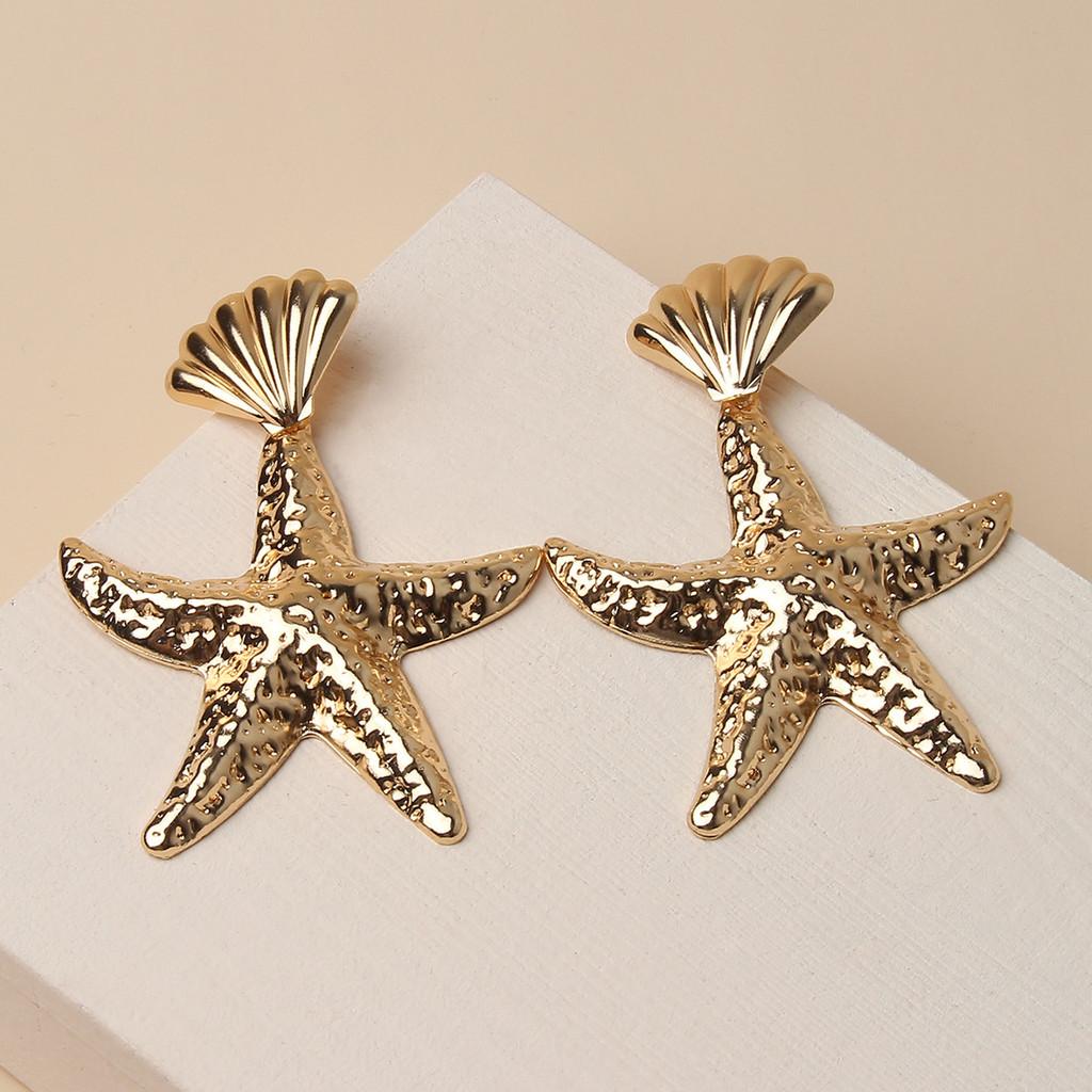 Gold Fashionable Shell Starfish Design Women Metal Earrings For Summer Beach
