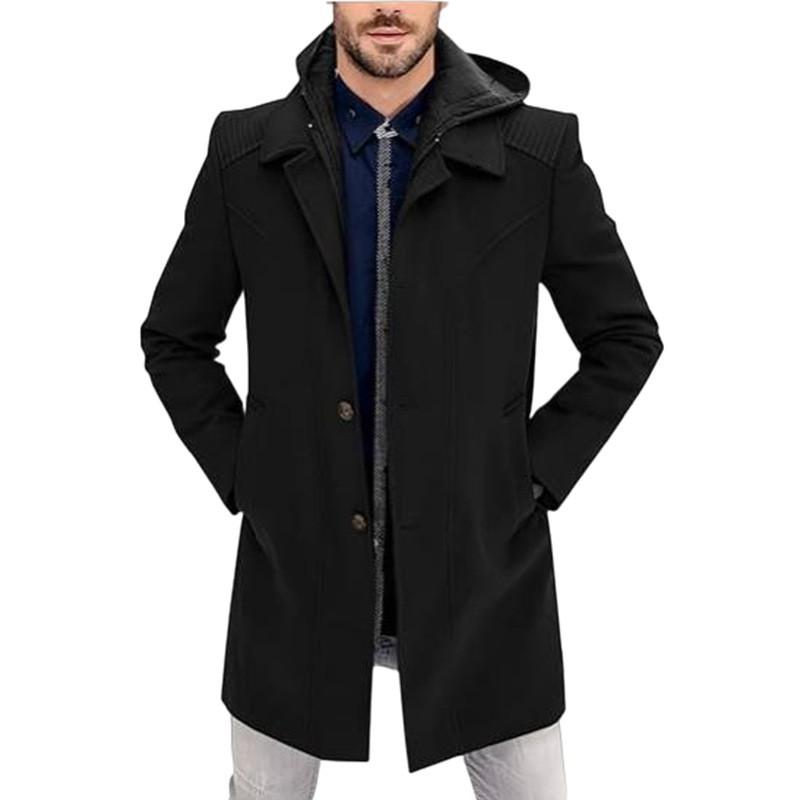 Mens Hooded Wool Blend Coat Slim Fit Solid Color Thick Winter Outerwear Young Men