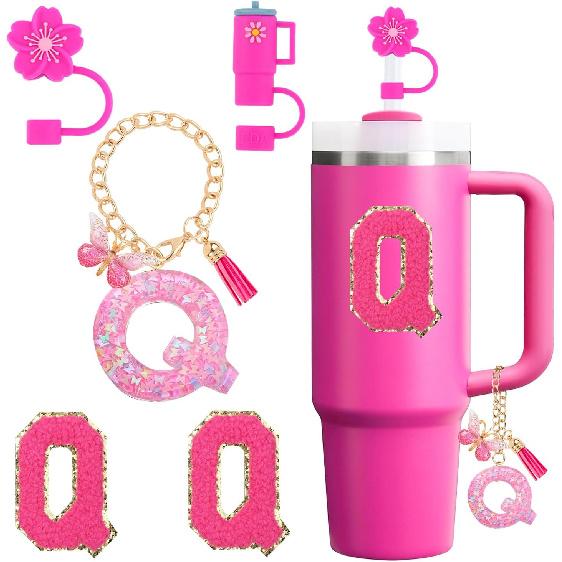 Cup Accessories Set for Stanley Cup 30oz 40oz tumbler with handle, Including Silicone Straw Topper Cover Cap, Handle Charm, Initials Sticker Fuchsia