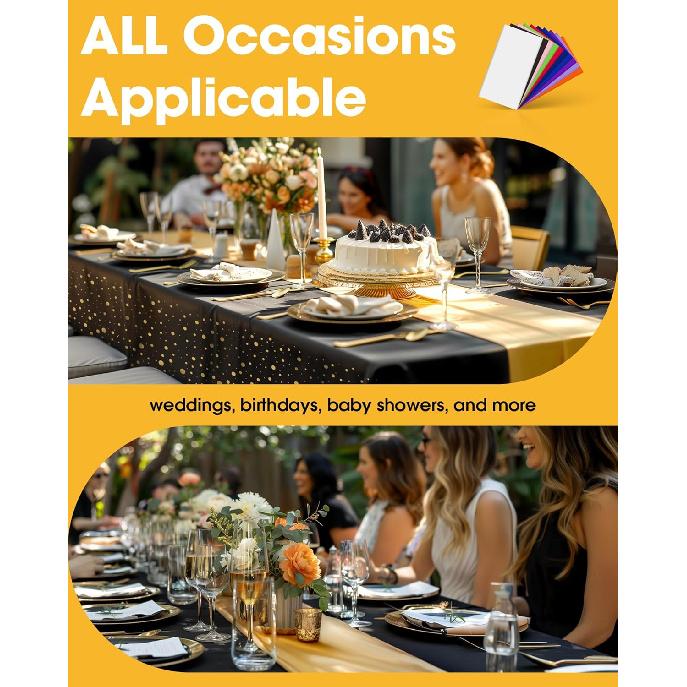 New Year Table Cloth for Rectangle Table and Table Runner Set - 3+3 Pack, Plastic Table Cloth Disposable, Black and Gold Tablecloth for Graduation