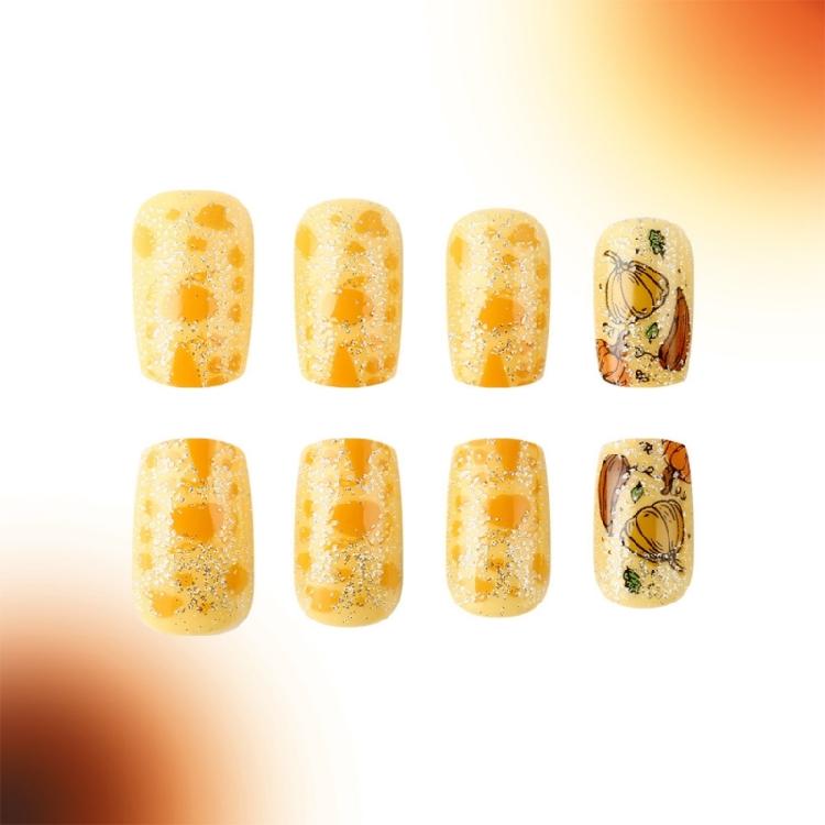 24 Pcs Pumpkins False Nails Short Square Full Cover Stick on Nails Thanksgiving Nails Press On Nails Manicures Supplies