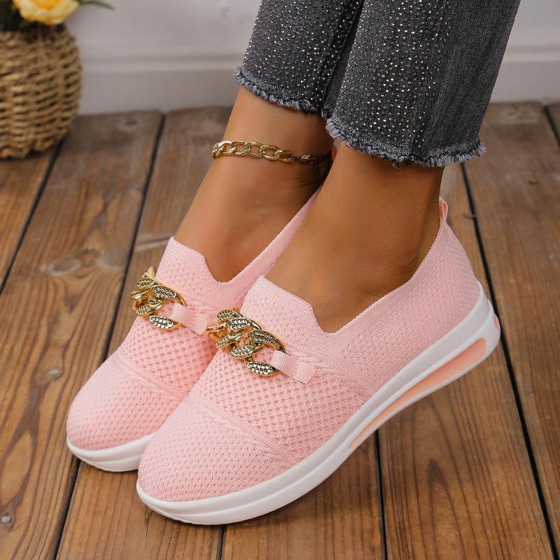 New Metal Chain, Slope Heel, Thick Sole, One Pedal, Breathable and Lightweight Mesh, Large Size Casual Single Shoes for Women