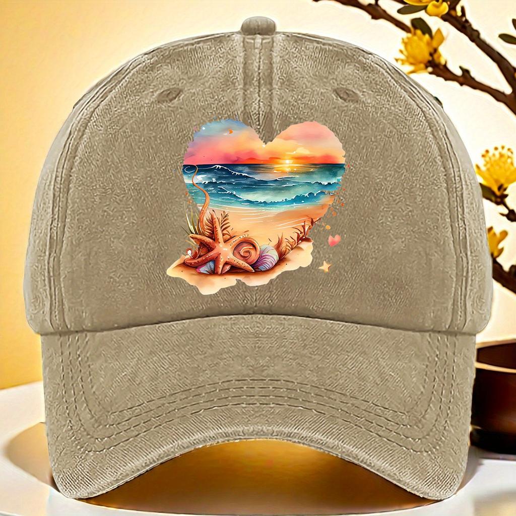 Beach Sunset Heart Print Baseball Cap Polyester Casual Adjustable Unisex Summer Hat