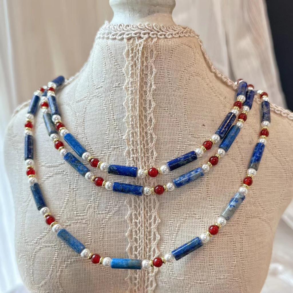 Niche High-end Versatile Lapis Lazuli Contrast Retro Baby's Breath Collarbone Chain Necklace Female Atmosphere Beaded Necklace