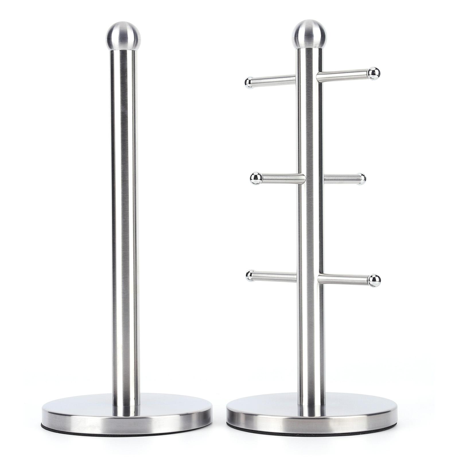 

6 Cup Mug Holder with Paper Roll Stand Stainless Steel Drink Ware Shelf Weighted Base Mug Holder Bracket for Home Storage Gadget серебряный