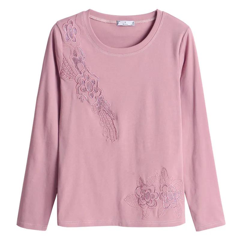 WTEMPO Women's O-neck Spring Summer Embroidered Mixed Cotton Shirts Large Size Solid Color Long Sleeve Loose Fitting Casual Tops