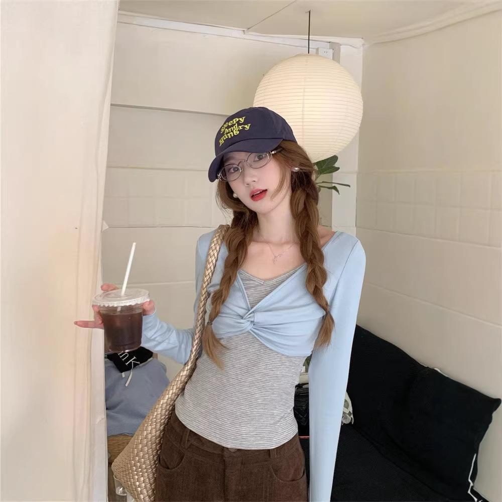 Design twist V-neck long-sleeved T-shirt women s spring new slim-fit fake two-piece striped bottoming shirt top S синий