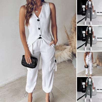 2 Pcs/Set Women Vest Pants Set V Neck Sleeveless Single-breasted Waistcoat Striped High Waist Drawstring Hem Ninth Trousers
