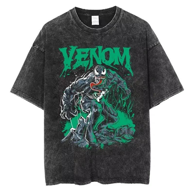 Vintage Venom Graphic T-Shirt Men Retro Green Venom Print Washed Black Oversized Tee 2026 Movie Streetwear Hip Hop Cotton Tops