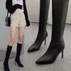 Show long legs! Korean pointed-toed medium tube small elastic boots high-heeled knight boots but knee-thin leather boots women