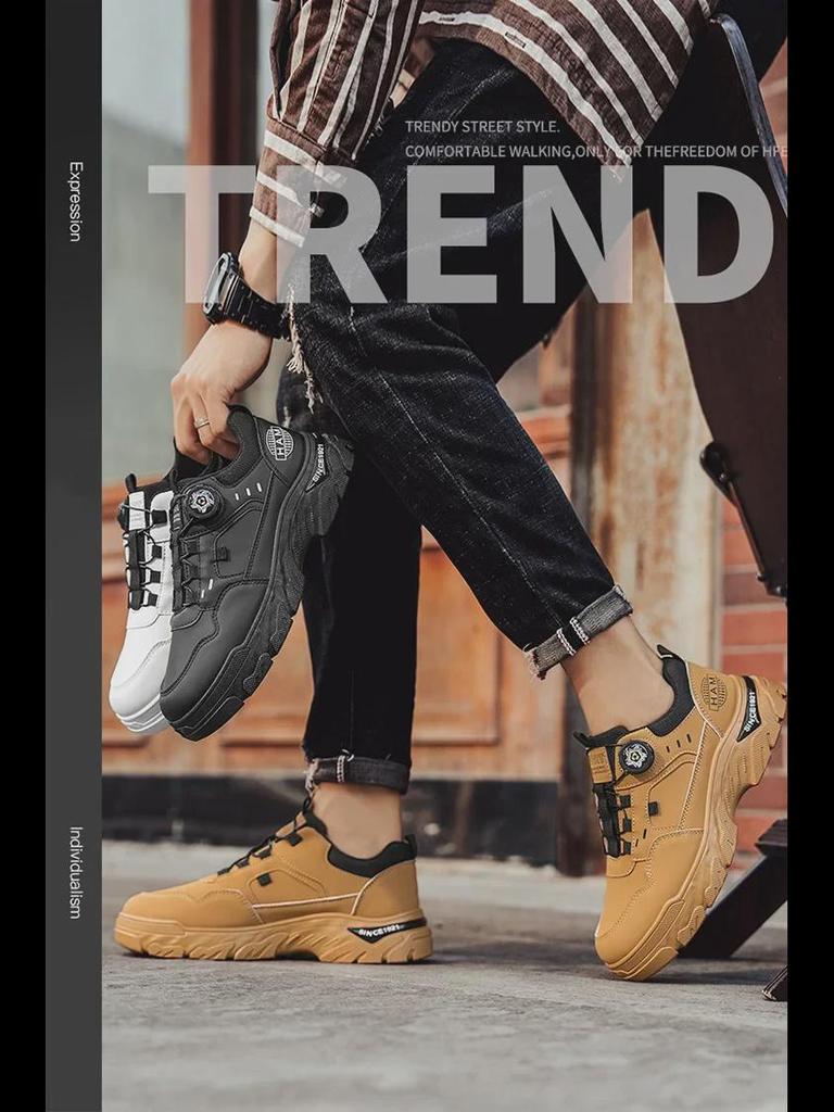 2024 Autumn Men's Low-Top Breathable Leather Work Boots - Thick-Soled, Non-Slip, Trendy Sports Running Shoes.