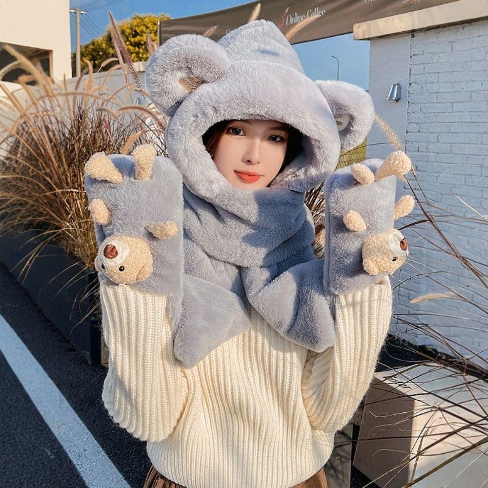 Fashion Thickened Hat Scarf Gloves Set Cute Bear Ear Winter Warm Ear Protection Cap Fleece-lined and Thickened Hat Outdoor