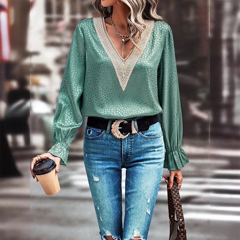 

Кружевной пуловер с v-образным вырезом, рубашка с леопардовым принтом, женский топ с длинными рукавами XL зелёный