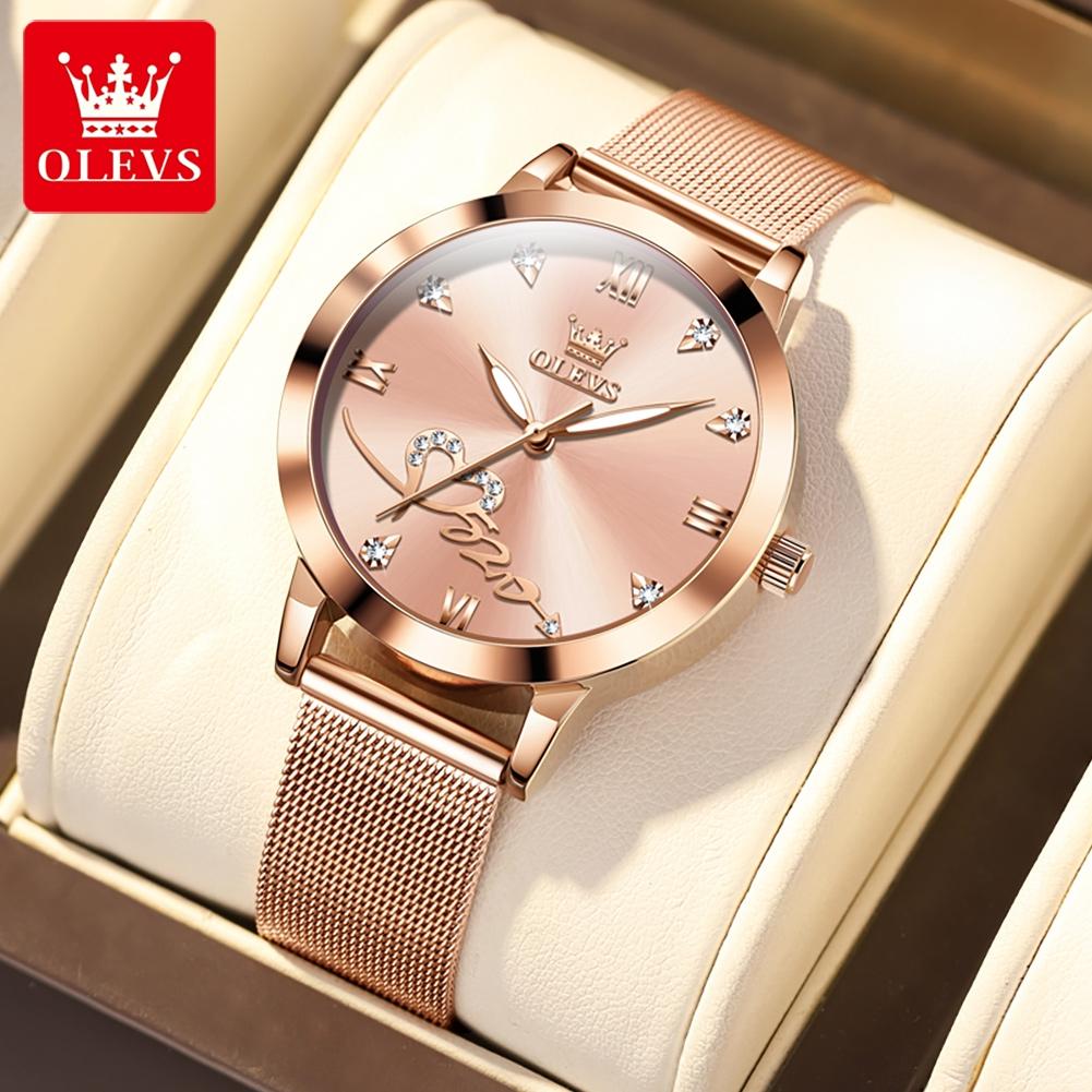 OLEVS Luxury Love Heart Diamond Ladies Watches Stainless Steel Mesh Strap Waterproof Quartz Wristwatch for Women Gift