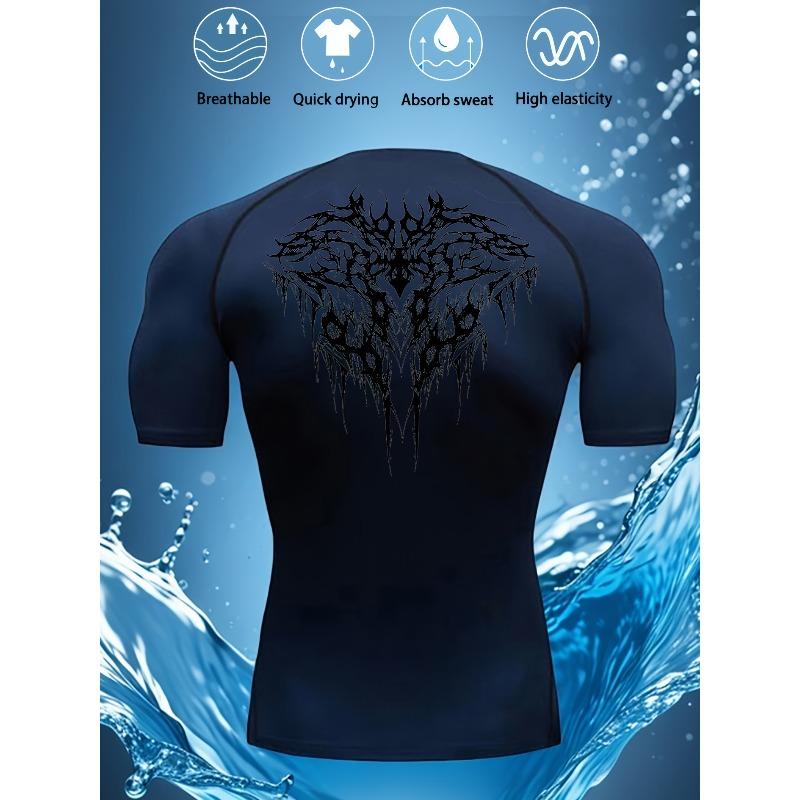 Men's Compression Shirt Quick Dry Gray Gym T-Shirt Black Tribal Wolf Back Print Workout Sportswear