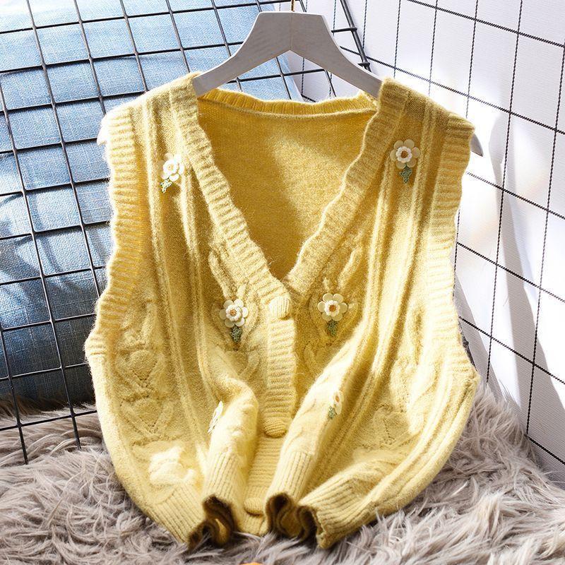 Soft Style V-neck Embroidered Knitted Vest Women's Loose Autumn Korean-style Outerwear Sleeveless Sweater Cardigan