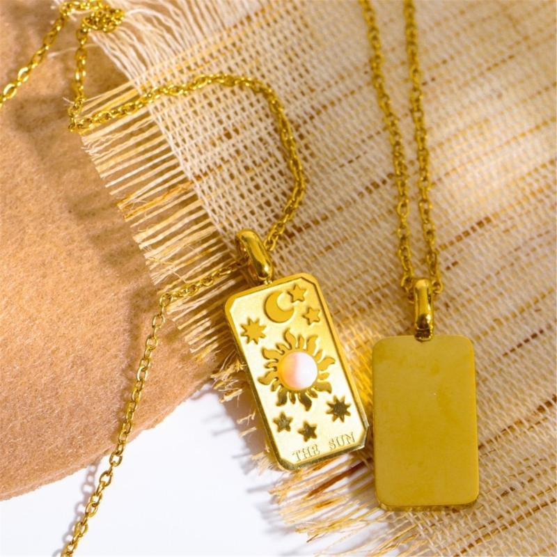 Stylish Gold Square Sun Moon Star World Pendant Necklace Accessory Eye Catching Clavicular Chain for Gathering Parties