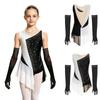 Kids Girls Latin Dance Figure Skating Leotard Sleeveless Mesh Patchwork Shiny Rhinestone Color Block with 1 Pair Gloves Competition Stage Performance
