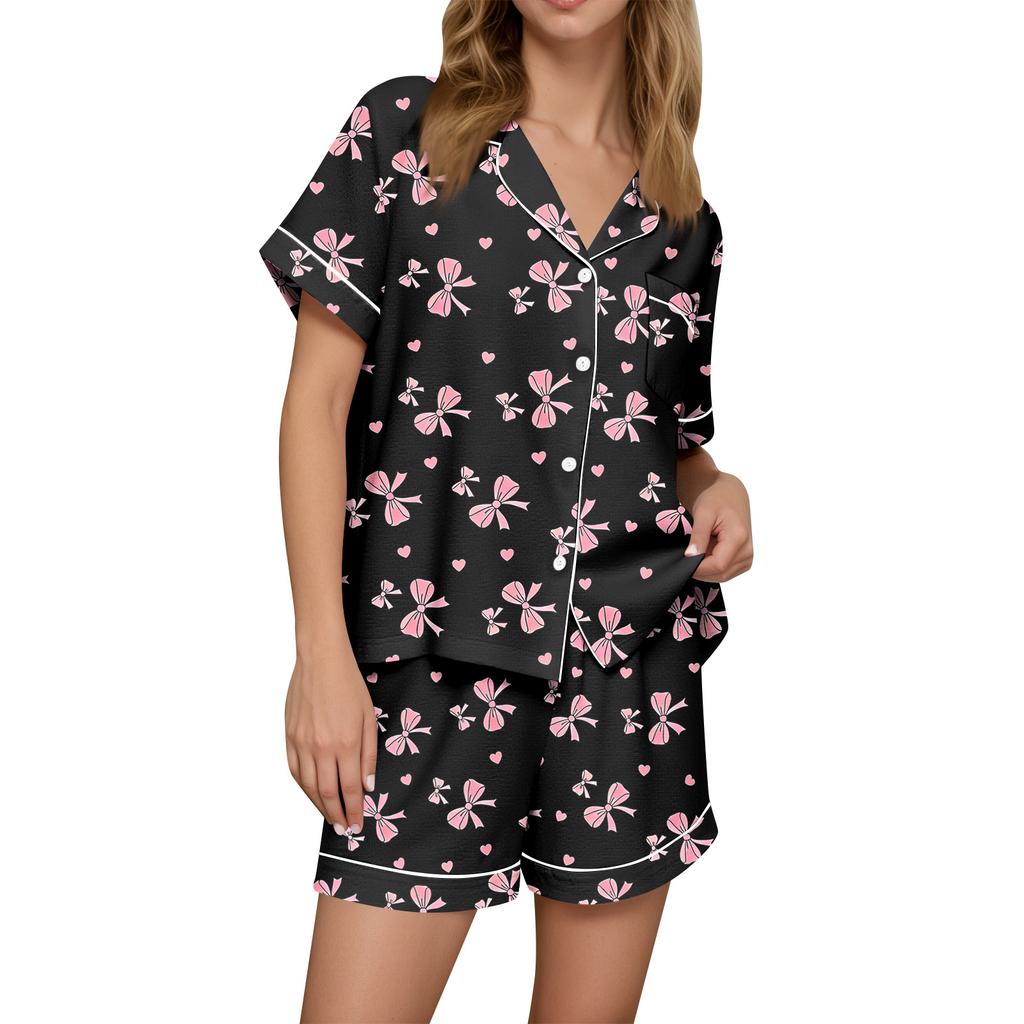 Damen Casual Mode Weihnachts-Print Kurzärmeliges Hausanzug-Set mit Knopfleiste, Kurzarm-T-Shirt und Shorts