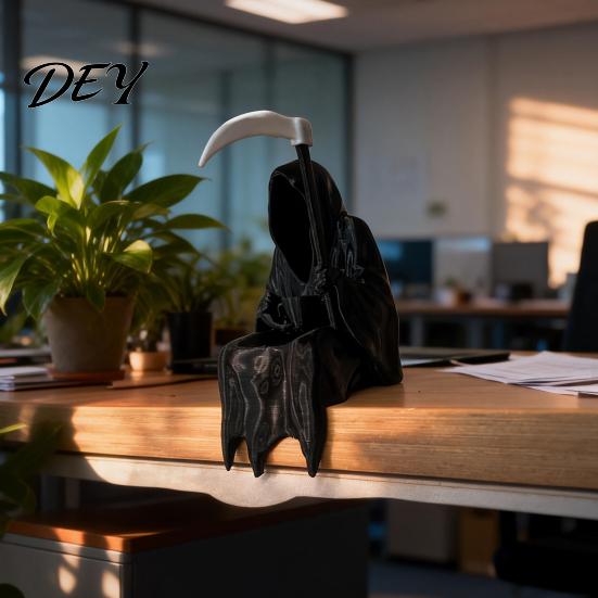 Gotische Schreibtischornamente 3D-gedruckte Sensenmann-Statue mit Kaffee & Sense, Dunkle Stil-Raumakzente Dekor, Einzigartige Kunstfigur für Zuhause Büro Bücherregal