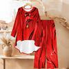 Geometric Pattern Print Two Piece Outfit Women Long Sleeve Irregular Hem Tunic Top Wide Leg Pants Casual Matching Set