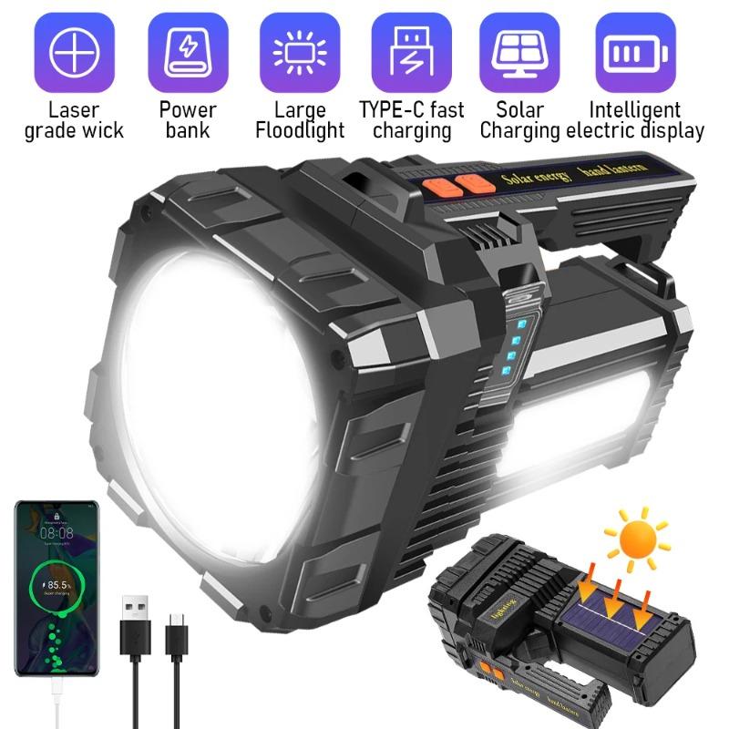 Solar Energy High Power LED Flashlight Type-C Rechargeable Strong Light Lamp Waterproof For Outdoor Camping Hiking