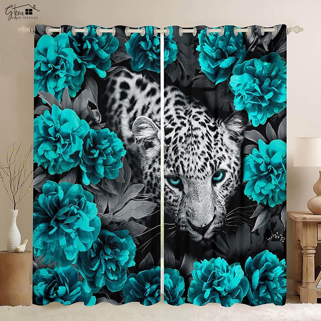 Róża Kwiat Tygrys Zwierzę Druk 3D Zasłona Styl Retro Salon Kuchnia Sypialnia Zasłona Dekoracja Okna Zasłona 2 Sztuki