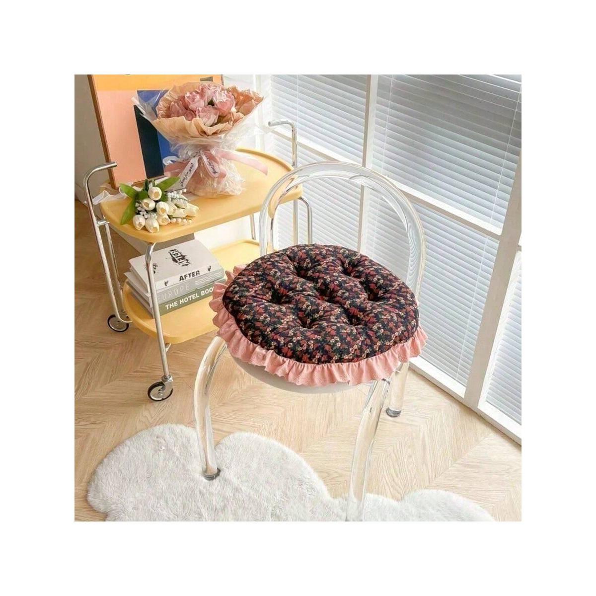 

Vintage Patchwork Round Chair Cushion, Floral Print Cotton Seat Pad with Lace Trim, Boho Tufted Padded Cushion for Dining Chairs 45x45cm