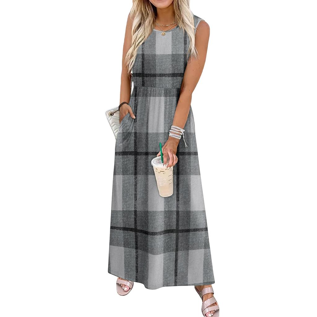 Ladies' Plaid Printed Casual and Fashionable Waist Cinched Sleeveless Dress