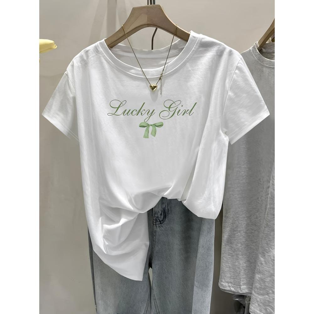 

Women S Casual T-Shirt with Lucky Print Green Bow Design Harajuku Sleeve Casual Women s Clothing S