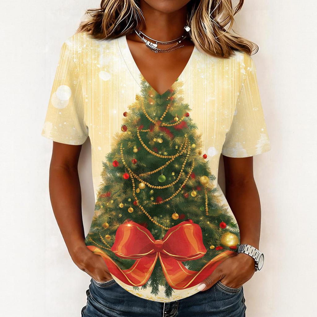 Casual Kerst V-hals Top met Korte Mouwen en Feestelijke Print voor Vakantiefeest