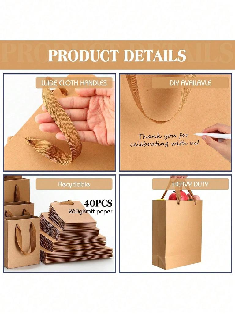 10/20pcs Gift Bags Handled Paper Bags Goodie Bags With Cloth Handles Gift Wrap Bags Shopping Bags Merchandise Bags For Business.