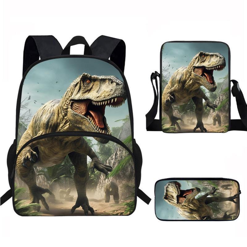Kids Dinosaur Backpack Set Elementary School Oxford Fabric Ergonomic Back Support Breathable Lightweight 3-Piece Kit