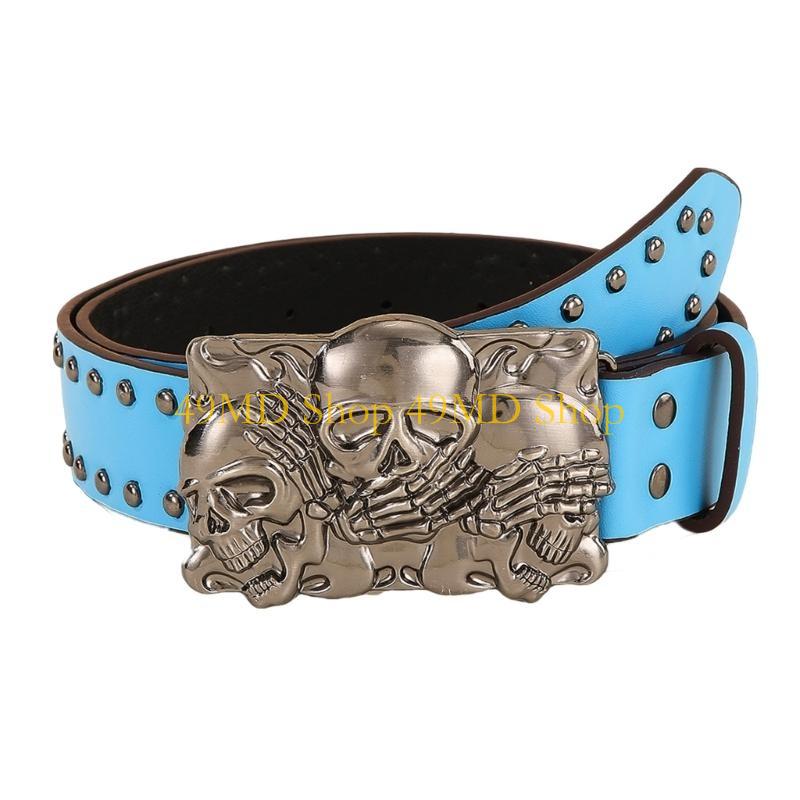 49MD Trendy Men Belt with Skull Detailing Gothicism Styles Waist Belt Aesthetic Belt синий