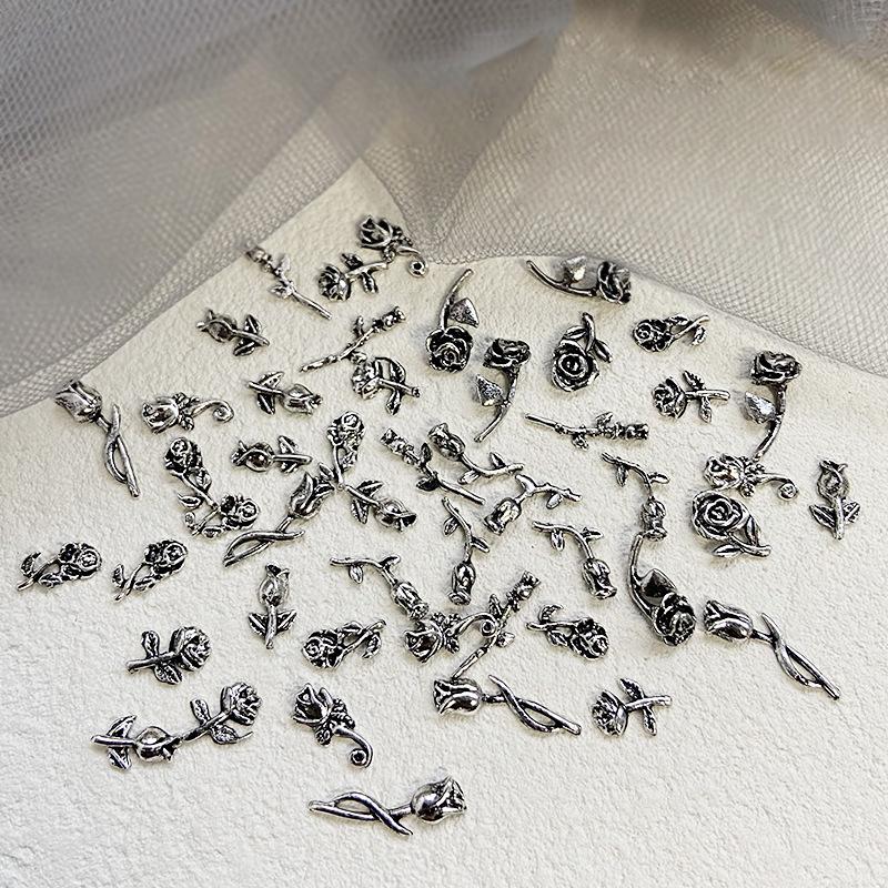 10Pcs 3D Rose Nail Art Ornament Alloy Nail Art Charms Diy Craft For Nail Decoration Silver Retro Flower Nail Charm Jewelry Salon