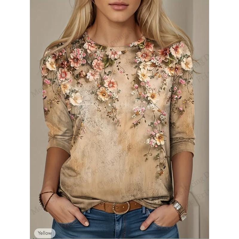 Bird Floral Patterns Graphic 3d Print T-Shirt Women Fashion Casual Oversized Long Sleeve T-shirt Women Clothing Flower Tops Tees