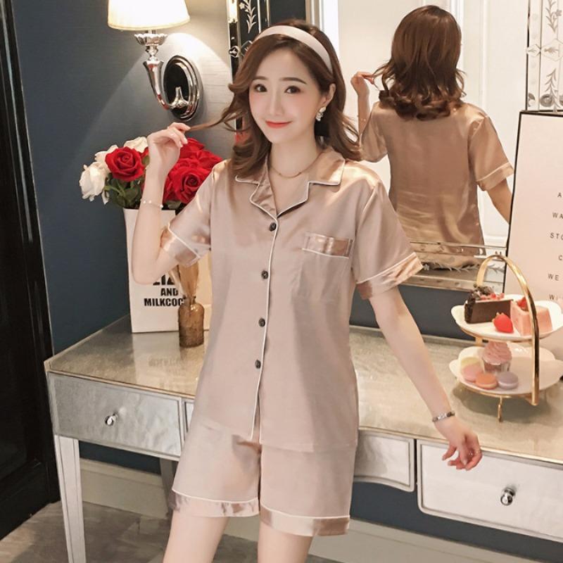 Simulation Silk Pajamas, Women's Ice Silk Two-piece Set, Casual Cardigan Pajamas, Can Be Worn Outside The Home Clothing