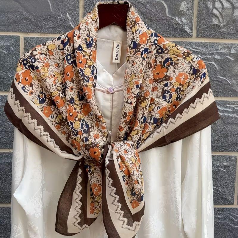 Retro Floral Japanese Style Cotton Linen Square Scarf - Women's Fashionable High-End Versatile Silk Feel Scarf