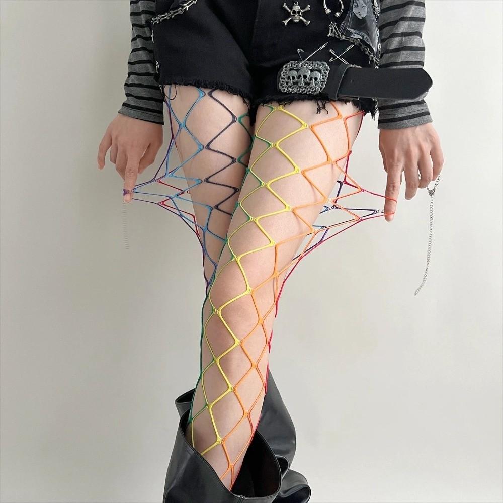 Y2K Rainbow Fishnet Stockings Large Mesh Sexy Mesh Stockings See-through Tights  Girls
