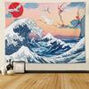 Vintage Japanese Ukiyo-e Tapestry, Great Wave with Cranes and Cherry Blossoms Wall Art for Bedroom & Bohemian Aesthetic Decor