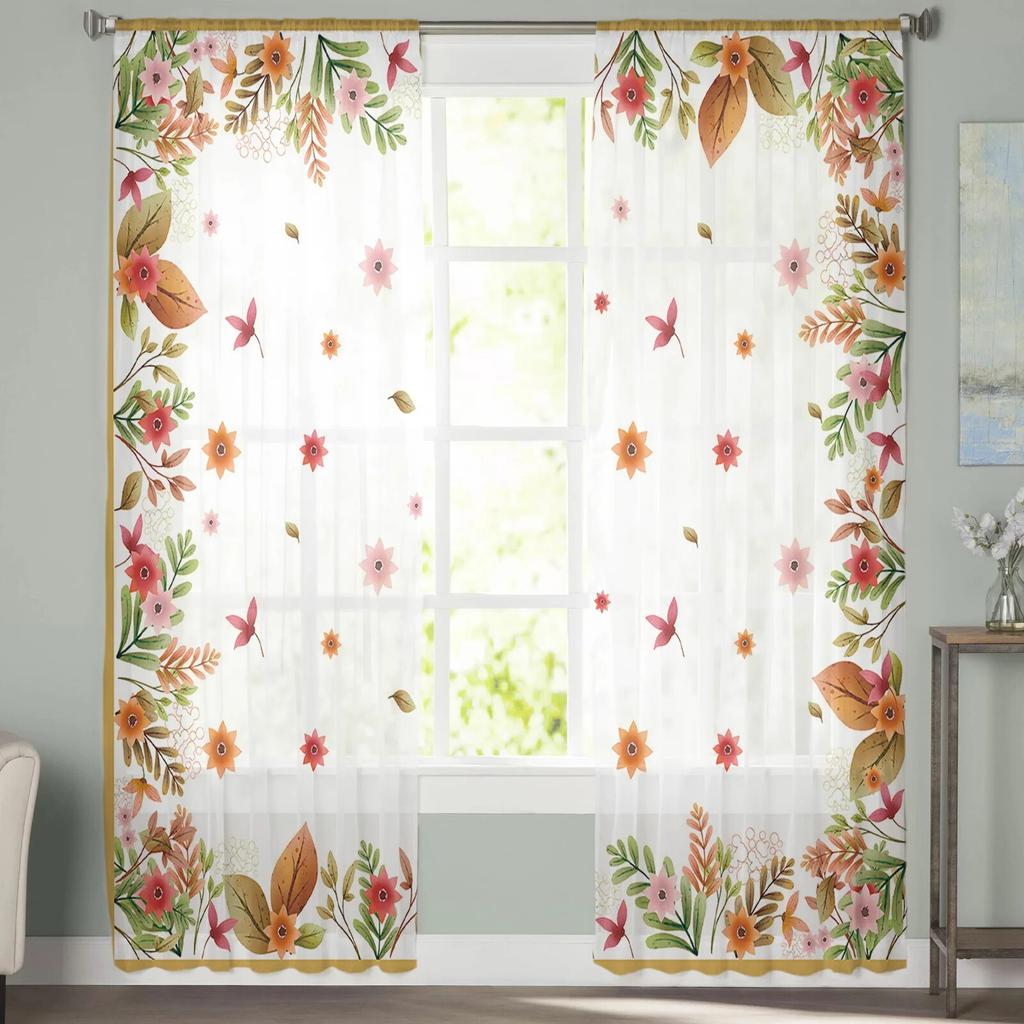Autumn Leaves Watercolor Sheer Window Curtains For Living Room Kitchen Children Bedroom Voile Hanging Curtain