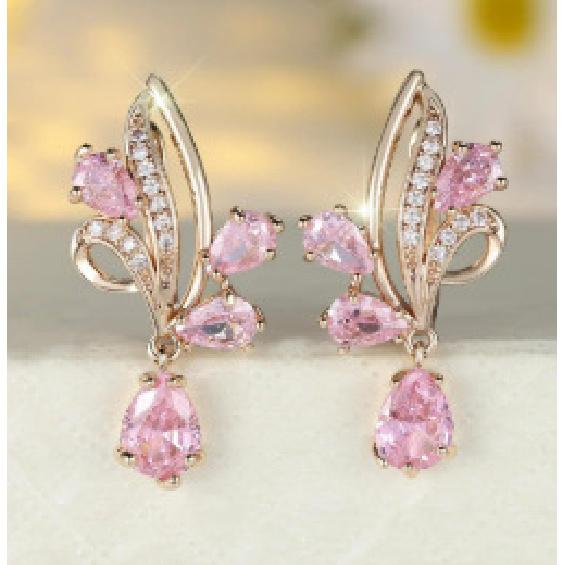 European and American-style, Lightweight Luxury Rose Gold, Openwork Leaf Design, Garnet Red Cubic Zirconia Earrings Water Drop Ruby Pendant Earrings